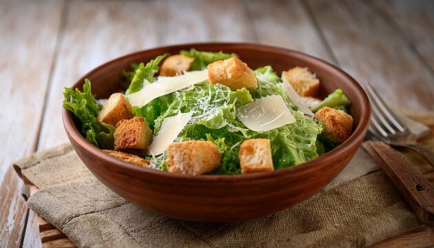 fresh caesar salad with croutons and parmesan cheese in a rustic bowl