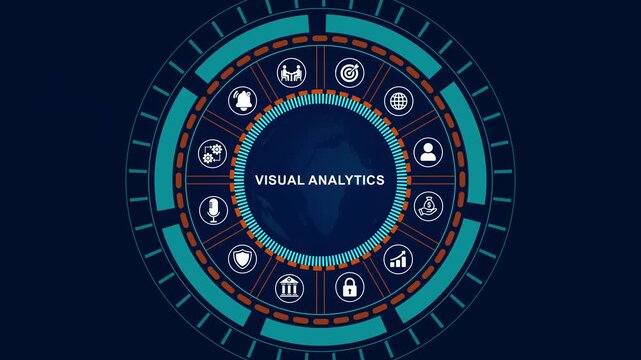 Futuristic visual analytics Interface with Business Analytics, Data Visualization, HUD Technology Animation on Blue Background with Glowing Icons, 4K quality animation video