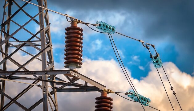 close up of electrical insulator on power line tower against cloudy sky