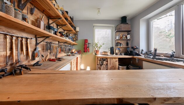 wooden countertop in the foreground and a wall with shelves and tools in a cozy home workshop