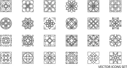 Fototapeta premium Geometric Mandala And Floral Ornament Line Icon Set Vector Illustration With Square Pattern And Symmetrical Decorative Designs