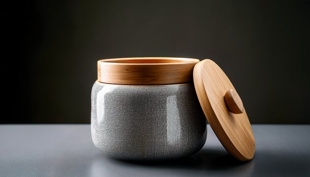 modern ceramic container with wooden lid on dark background