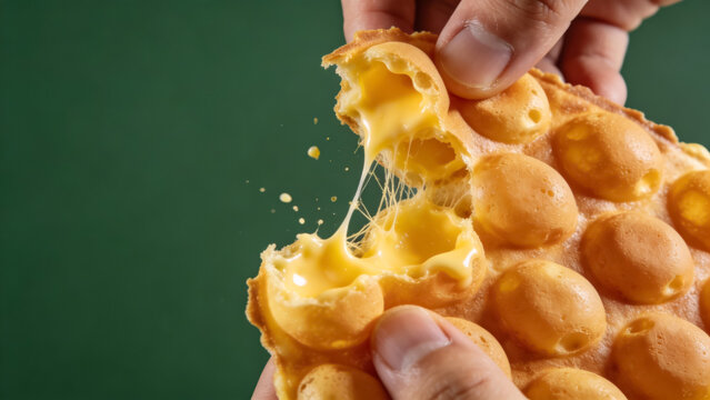 Hands tearing cheesy hong kong egg waffle on green background
