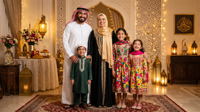 Happy Muslim Family Celebrating Eid at Home Together