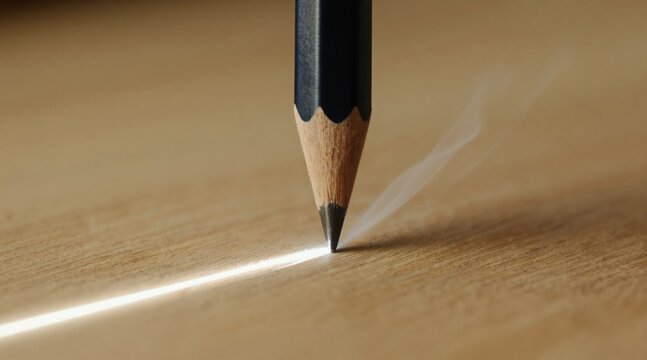 Sharp pencil draws bright line on wood surface. Subtle smoke rises from tip, suggesting focus and precision. Represents creativity, learning, and new beginnings with copy space.
