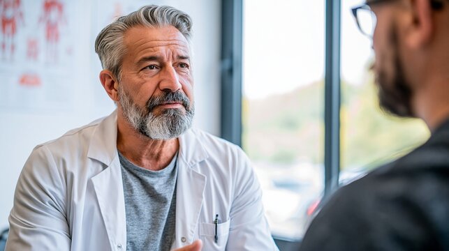 A doctor discusses hormone treatment with a middle-aged man in a bright clinic, medical charts on the wall, serious mood, soft daylight, conversational composition.