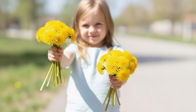 Little girl holding two bright yellow dandelion bouquets outdoors on a sunny day, offering flowers with a cheerful smile in a springtime park setting.