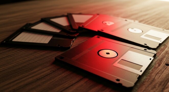 Vintage floppy disks arranged in a fan shape on a rustic wooden table, bathed in dramatic red light