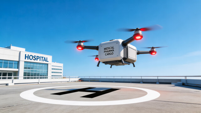 Autonomous medical drone delivering pharmaceuticals to hospital helipad