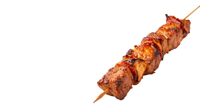Delicious grilled meat shish kebab skewer with spices isolated on transparent background cut out