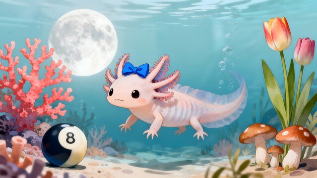 Underwater scene with axolotl and moon