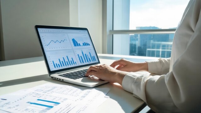 Person working on laptop with data charts