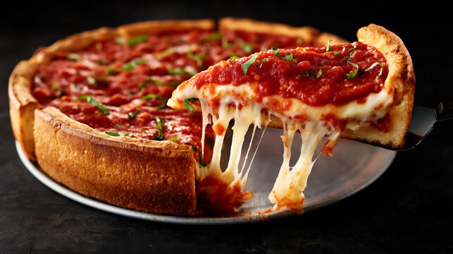 Cheese pull from delicious deep dish pizza with tomato sauce and fresh basil