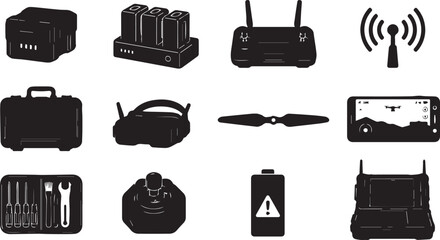 Professional Drone Accessories Icon Set: Comprehensive Collection of UAV Equipment Vectors including Remote Controllers, FPV Goggles, Batteries, Chargers, Propellers, and Repair Tools. © raja