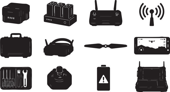Professional Drone Accessories Icon Set: Comprehensive Collection of UAV Equipment Vectors including Remote Controllers, FPV Goggles, Batteries, Chargers, Propellers, and Repair Tools.
