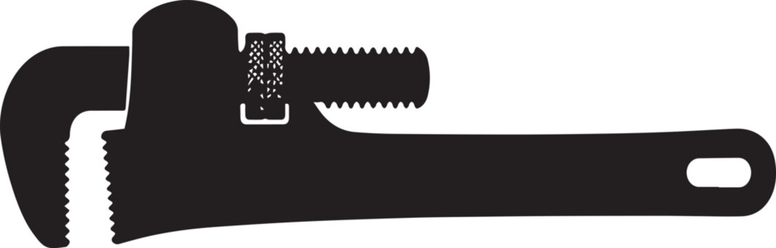 Professional Black Pipe Wrench Silhouette Vector Illustration for Plumbing Services, Industrial Construction Projects, DIY Home Repair Maintenance, and Hardware Tool Graphic Design.
