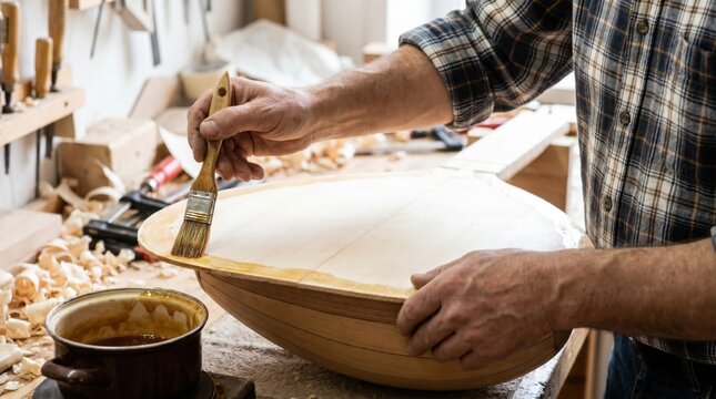 Luthier applying a clear varnish or glue with a bristle brush to the light wood back of a lute