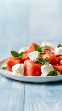Fresh watermelon and feta cheese salad with mint on a plate