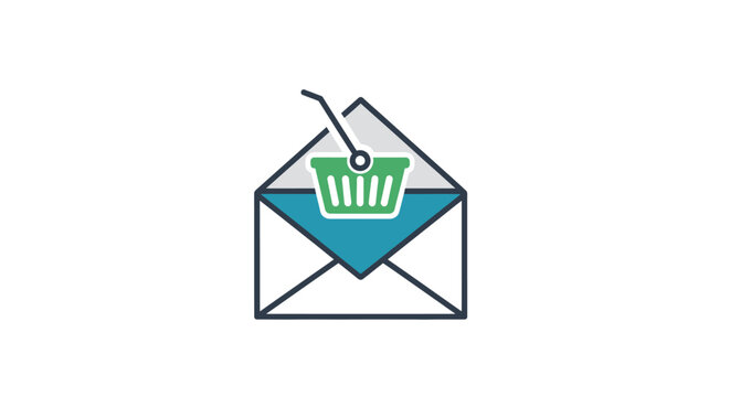 Online shopping promotion and e-commerce marketing through email, with a shopping basket hooked from an open envelope.