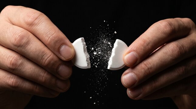 Close up of hands breaking a white pill in half with powder scattering against a black background