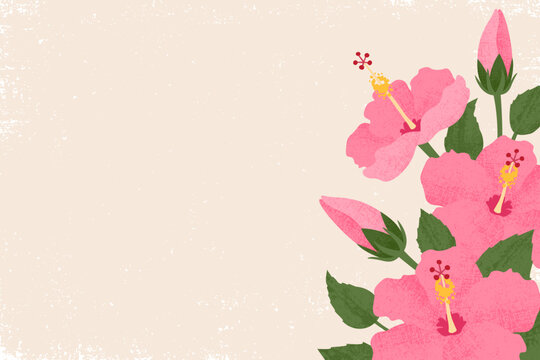 Hibiscus flower border with copy space, in a cut paper style with textures
