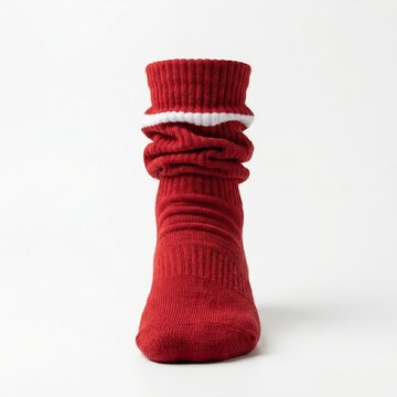 Red slouch socks with white stripe detail Isolated on white background for cutting out.