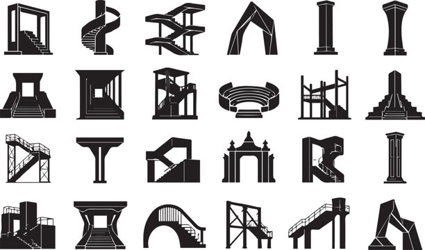 Collection of minimalist architectural icons featuring various staircases, columns, arches, and structural elements in black silhouette style for modern graphic design projects.