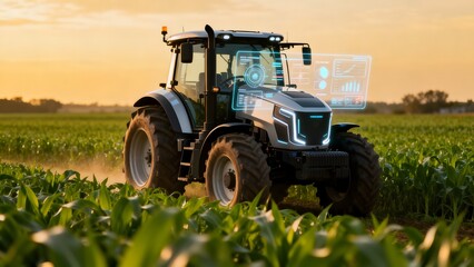 Obraz premium Smart tractor in cornfield at sunset