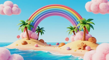 Fantasy island with palm trees, rainbow arch, and candy treats. Pink fluffy clouds float in blue sky above turquoise ocean waves. Whimsical sweet landscape.
