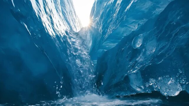 Underwater view of a powerful blue wave breaking with sunlight shining through.