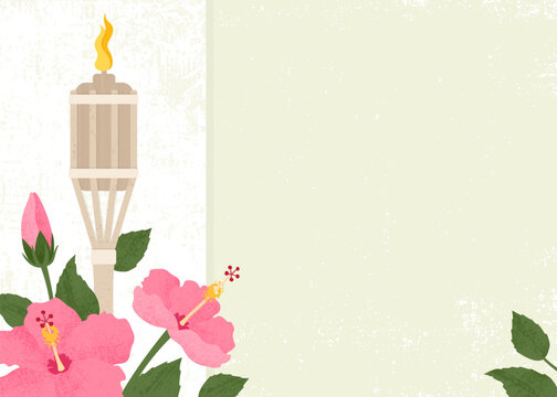 A luau tiki torch and hibiscus flowers, in a cut paper style with textures

