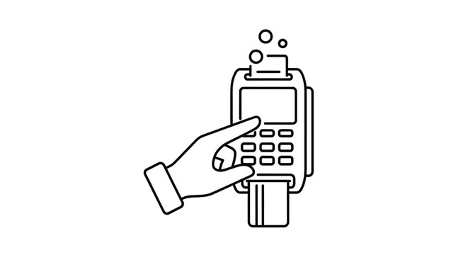 Electronic payment terminal line icon. Hand entering PIN on POS machine with credit card. Secure financial transaction, checkout process.