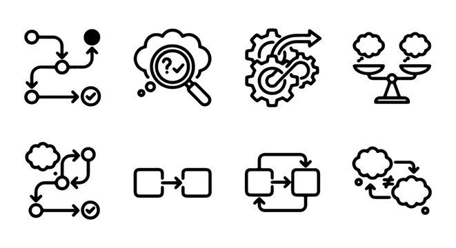 Process Flow Icons Set, Workflow Diagram Symbols, Decision Tree Graphics, Algorithm Visualization Elements, Business Strategy Icons, Project Management Icons, Data Flow Icons, 8 Vector Icons