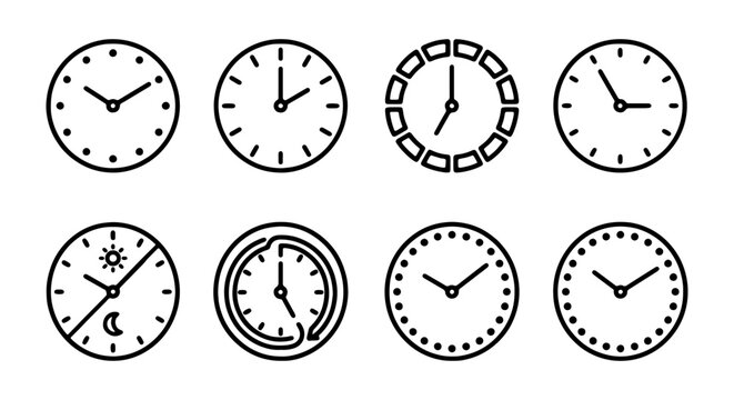 Minimalist Clock Icons Set, Timekeeping Vector Graphics, Round Watch Faces Collection, Modern Time Symbols for Apps and Web Design
