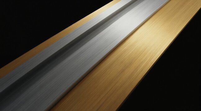 Brushed metallic surfaces in gold and silver shades with dark backdrop. Clean industrial background with parallel lines. Elegant texture for luxury design.