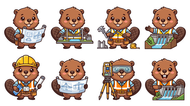 Collection of cute cartoon beavers dressed as engineers and construction workers, holding blueprints and working on dams.