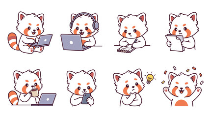 Naklejka premium A collection of eight adorable red panda illustrations depicting various activities like working on laptops, drinking coffee, and expressing joy.