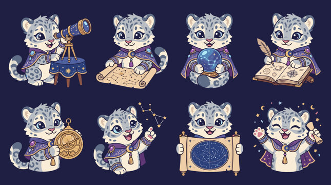 Collection of cute cartoon snow leopards dressed as wizards, engaged in various magical and scientific activities like stargazing, reading scrolls, and holding mystical orbs.