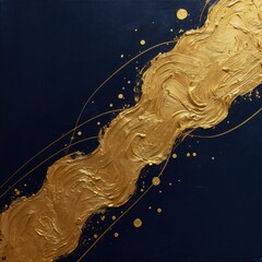 Fototapeta premium Gold paint stroke across dark blue canvas with scattered dots and thin gold lines. Abstract textured art, resembles cosmic river flow with celestial stars, elegant background.