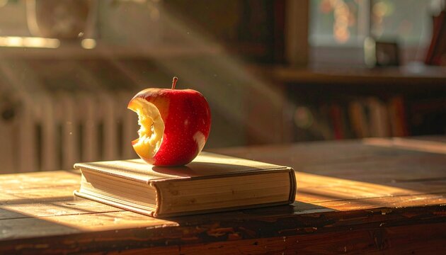 A bitten red apple sits on top of a book on a wooden table indoors.