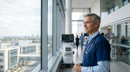Fototapeta premium An experienced doctor in a high-tech hospital environment, gazing confidently towards the horizon.