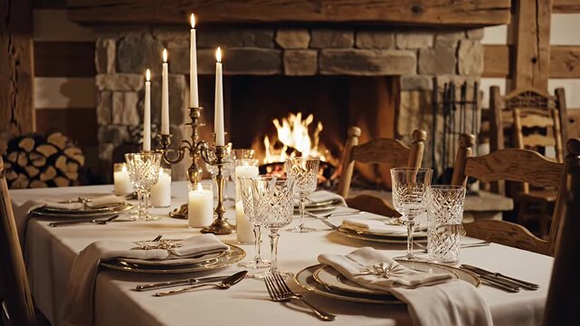Elegant formal dinner table set by a warm fireplace.