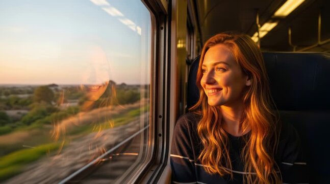 Young woman smiling and enjoying window reflection during sunset train journey