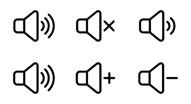 Speaker Volume Icons Set: Mute, Sound Levels, Increase, Decrease, Audio Controls