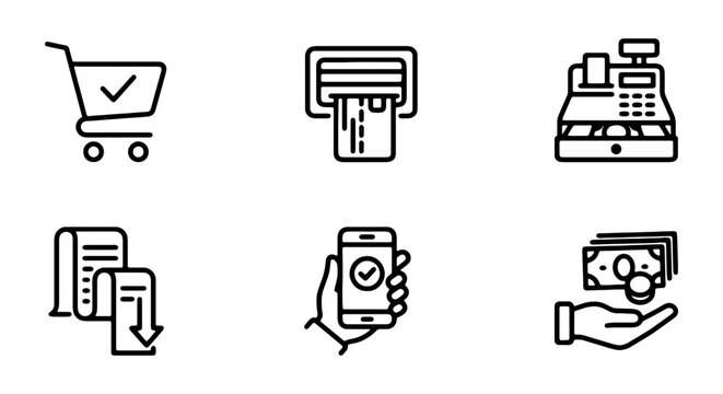 E-commerce Icons Set, Shopping Cart, POS Machine, Cash Register, Receipt, Mobile Payment, Money Transaction