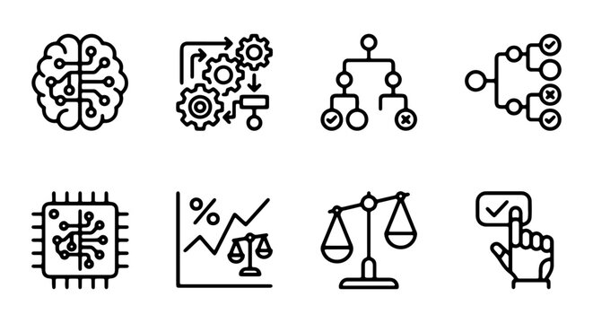 AI Brain, Process Flow, Decision Tree, Algorithm Icons Set: Technology, Logic, Data Analysis