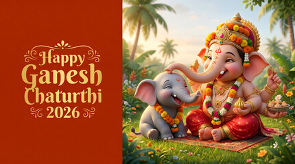 Fototapeta premium Ganesha with baby elephant in garden wearing marigold garland festive chaturthi card