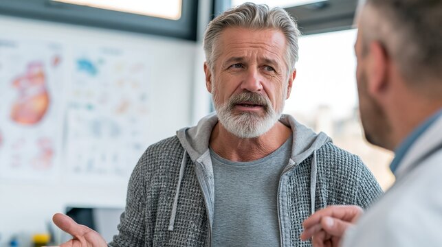 A doctor discusses hormone treatment with a middle-aged man in a bright clinic, medical charts on the wall, serious mood, soft daylight, conversational composition.