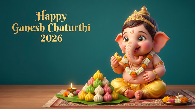 Baby Ganesha eating modak sitting beside diya with colorful sweets on banana leaf