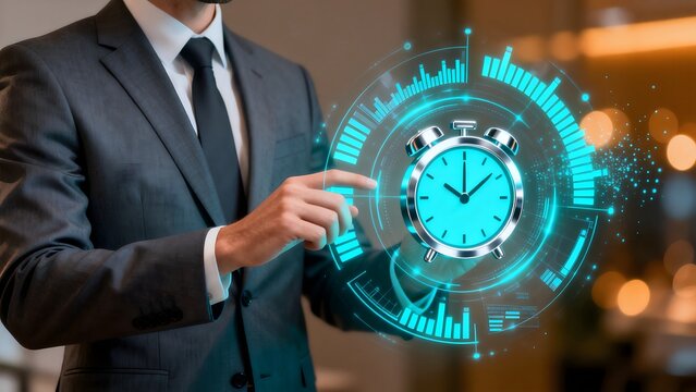 Businessman interacting with digital clock interface